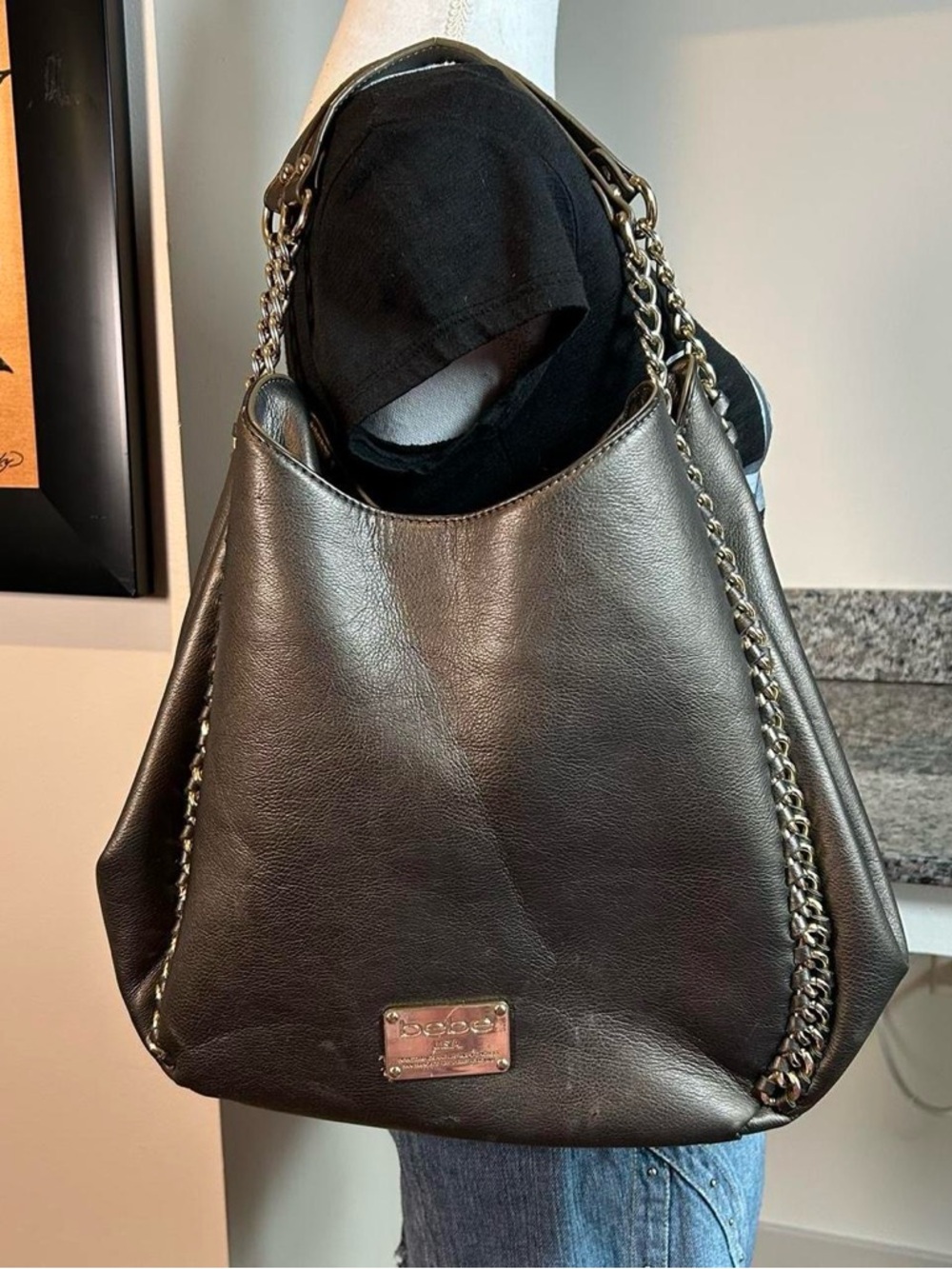 Y2K Bebe Grey Pleather Gold Style Hardware Indie Sleaze Shoulder Bag Purse